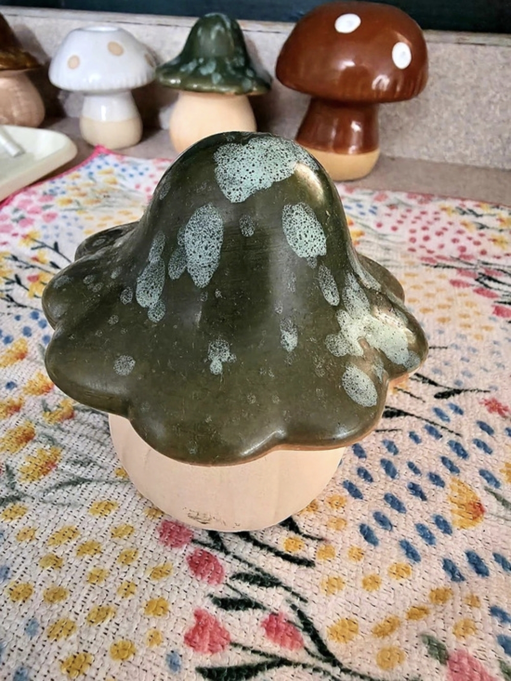 Greenbrier International Ceramic Mushroom Decor Green & Cream Figurine